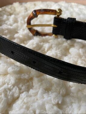 Carlisle Black Genuine Lizard Leather Belt with Tortoiseshell-Style Gold Buckle